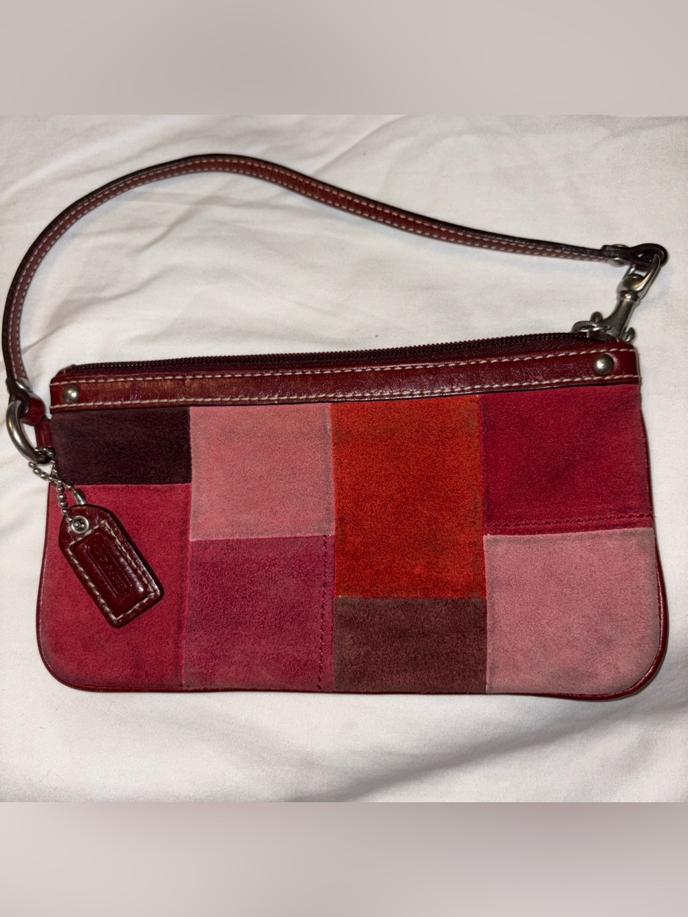 Patchwork Suede Wristlet Bag - Red Pink Tones